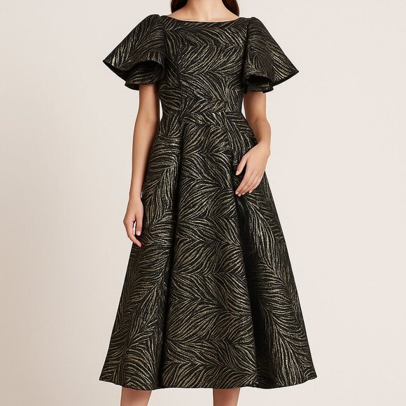 Mac Duggal Black Gold Brocade Flutter Sleeve Gown Dress Size 2 Style 21063 NWT - Picture 1 of 8